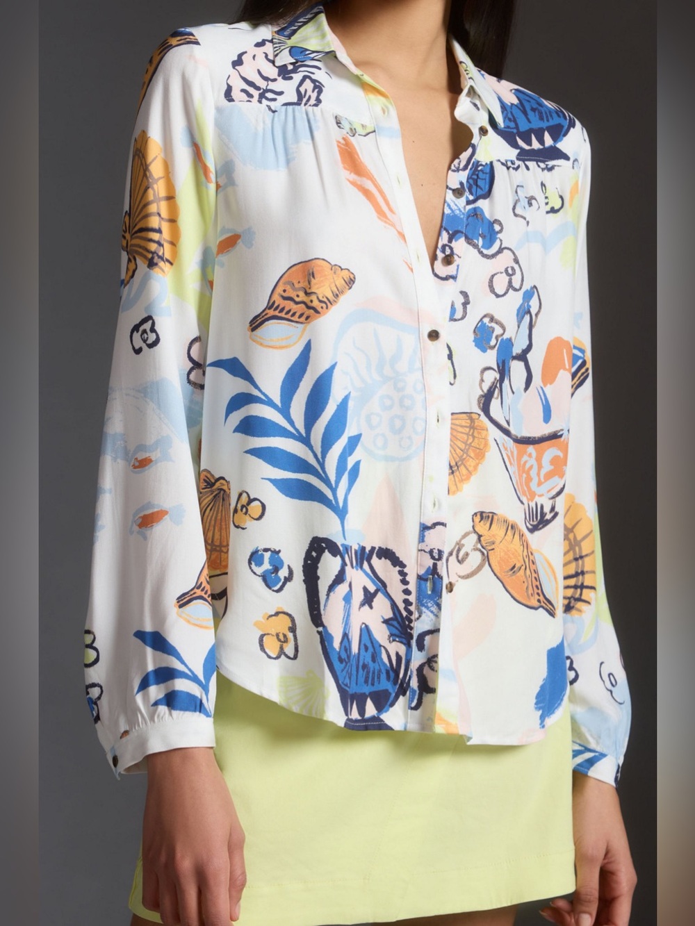 Anthropologie Maeve The Paz Buttondown Shirt Greek Pottery Shell Print Blouse S
